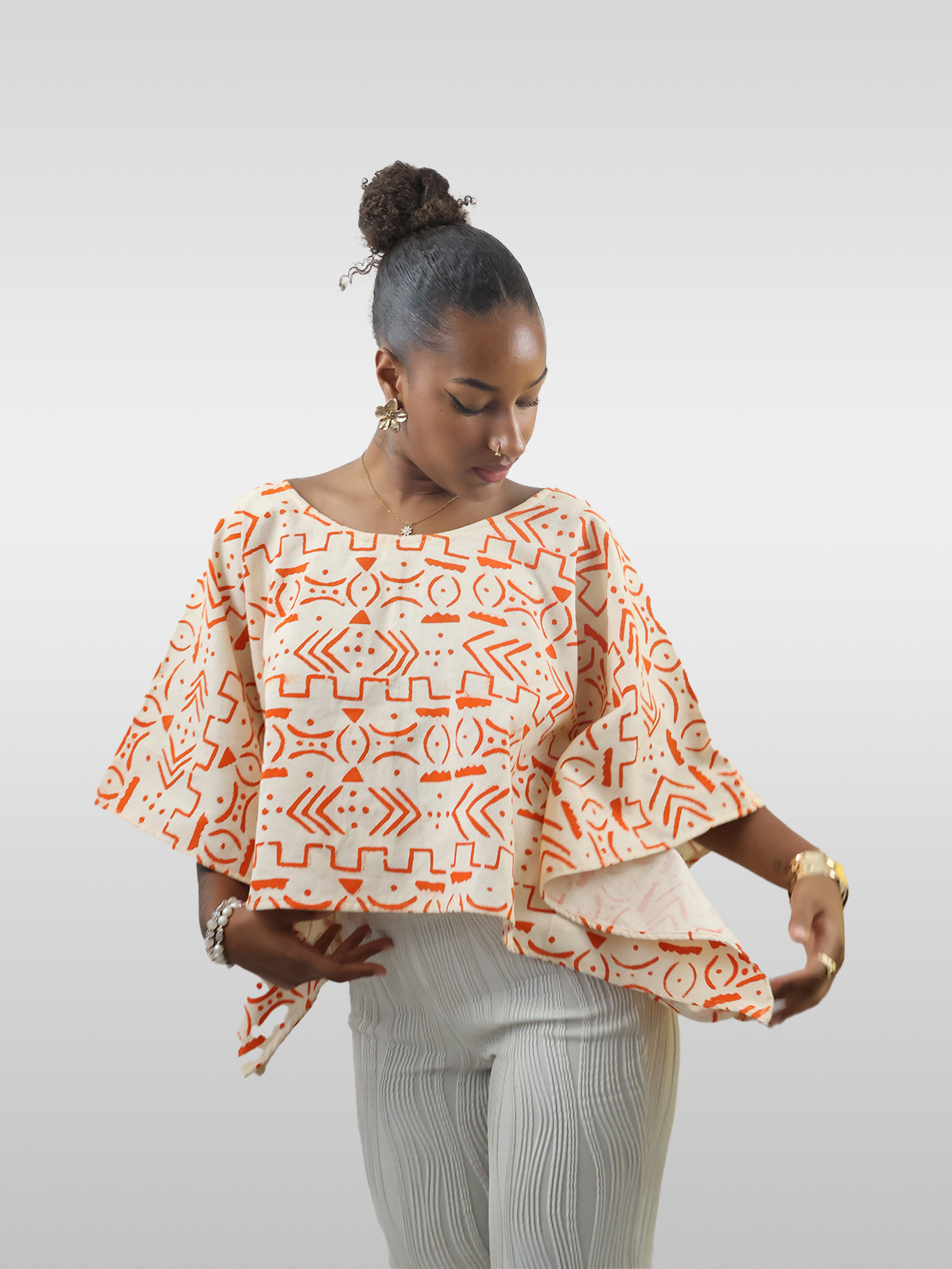 Top Haut Ample en Coton à Motifs Ethniques Orange