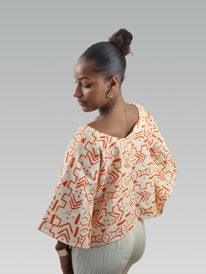 Top Haut Ample en Coton à Motifs Ethniques Orange