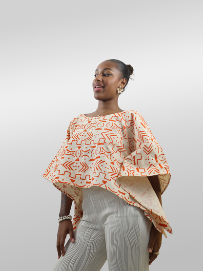 Top Haut Ample en Coton à Motifs Ethniques Orange