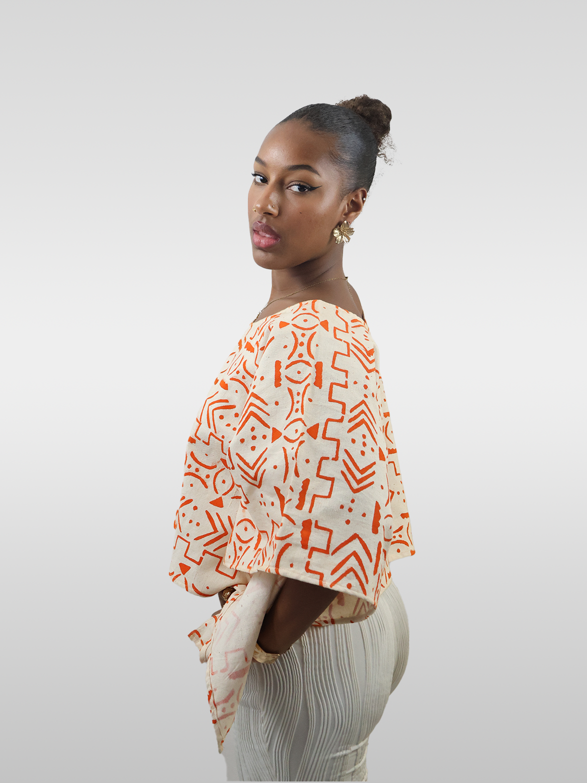 Top Haut Ample en Coton à Motifs Ethniques Orange