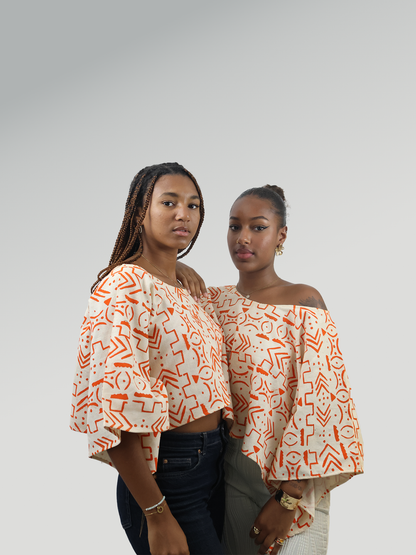 Top Haut Ample en Coton à Motifs Ethniques Orange