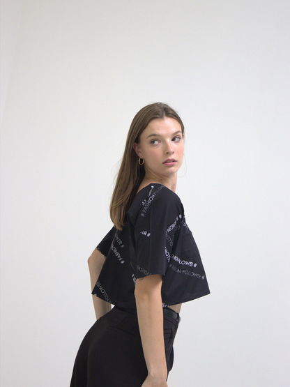 Crop Top Noir Imprimé